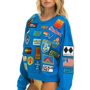 Aviator Nation Bright Blue Patchwork Patch Sweatshirt